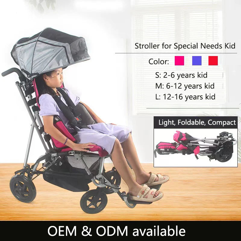 HEDY CS07 Pediatric Folding Adjustable Seat Depth & Backrest Angle & Footrest Height CP Cerebral Palsy Child Stroller Wheelchair